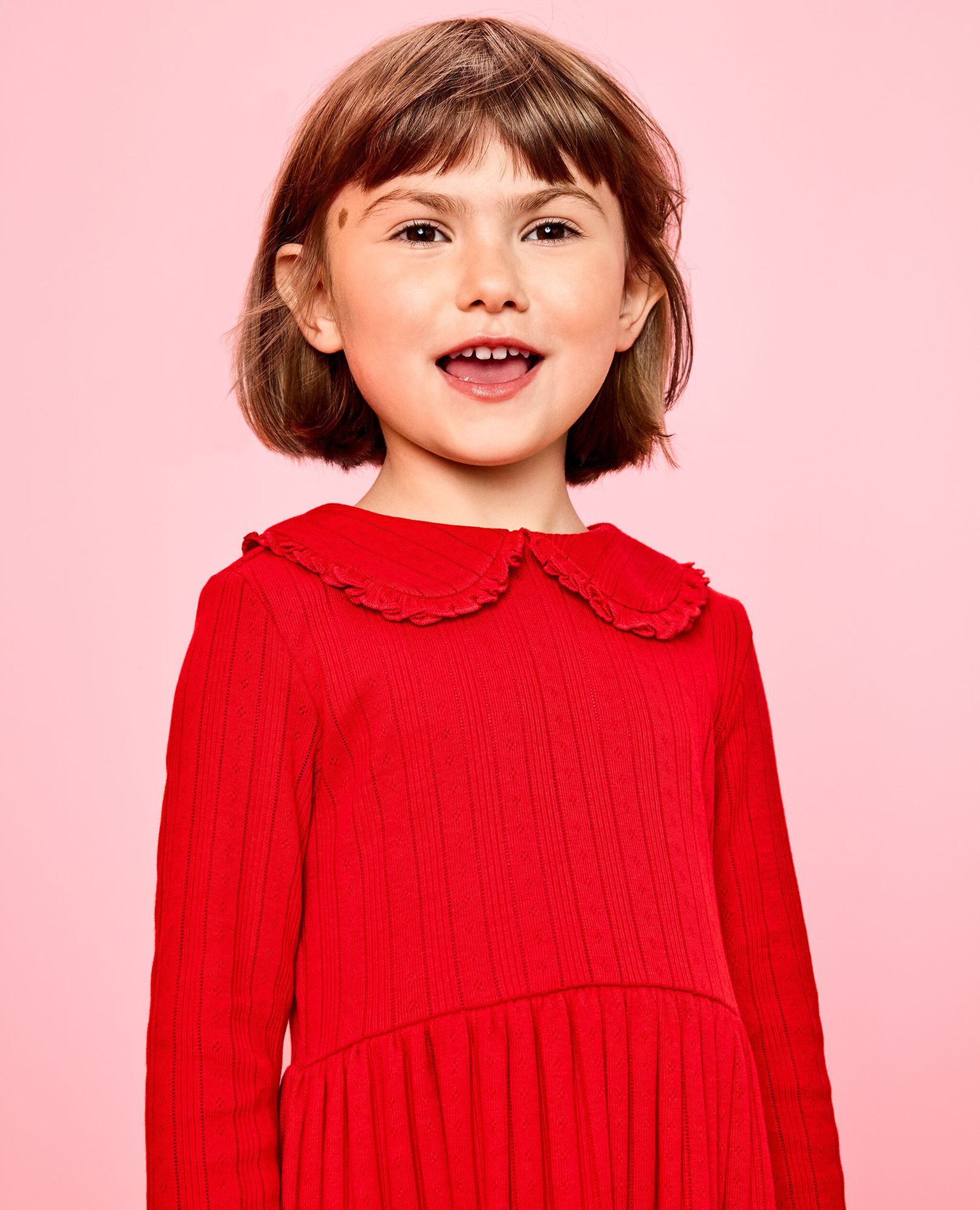 Long Sleeve Collared Pointelle Dress with Pockets in Ribbon Red - main
