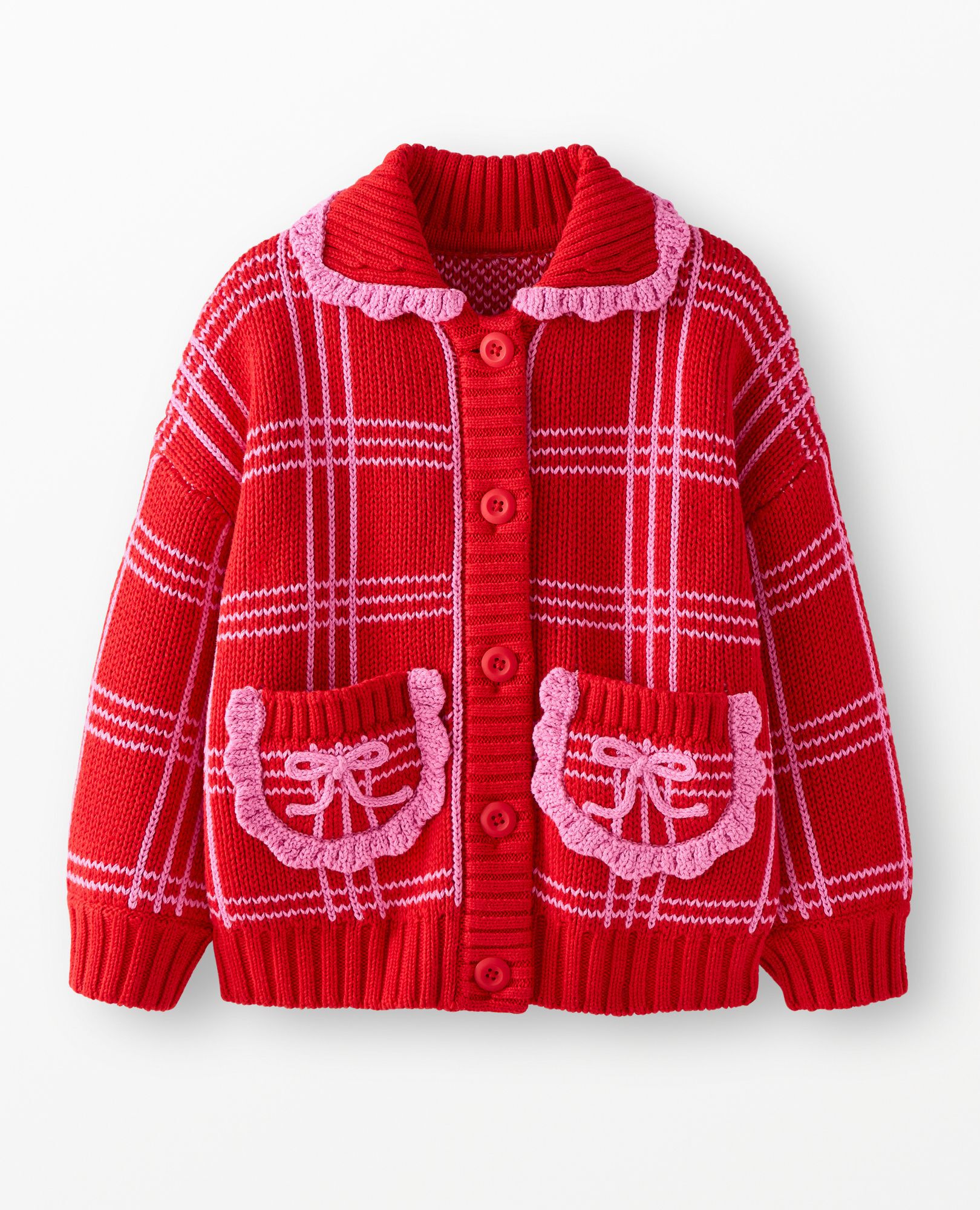 Collared Bow Pocket Cardigan in Grid Plaid - main