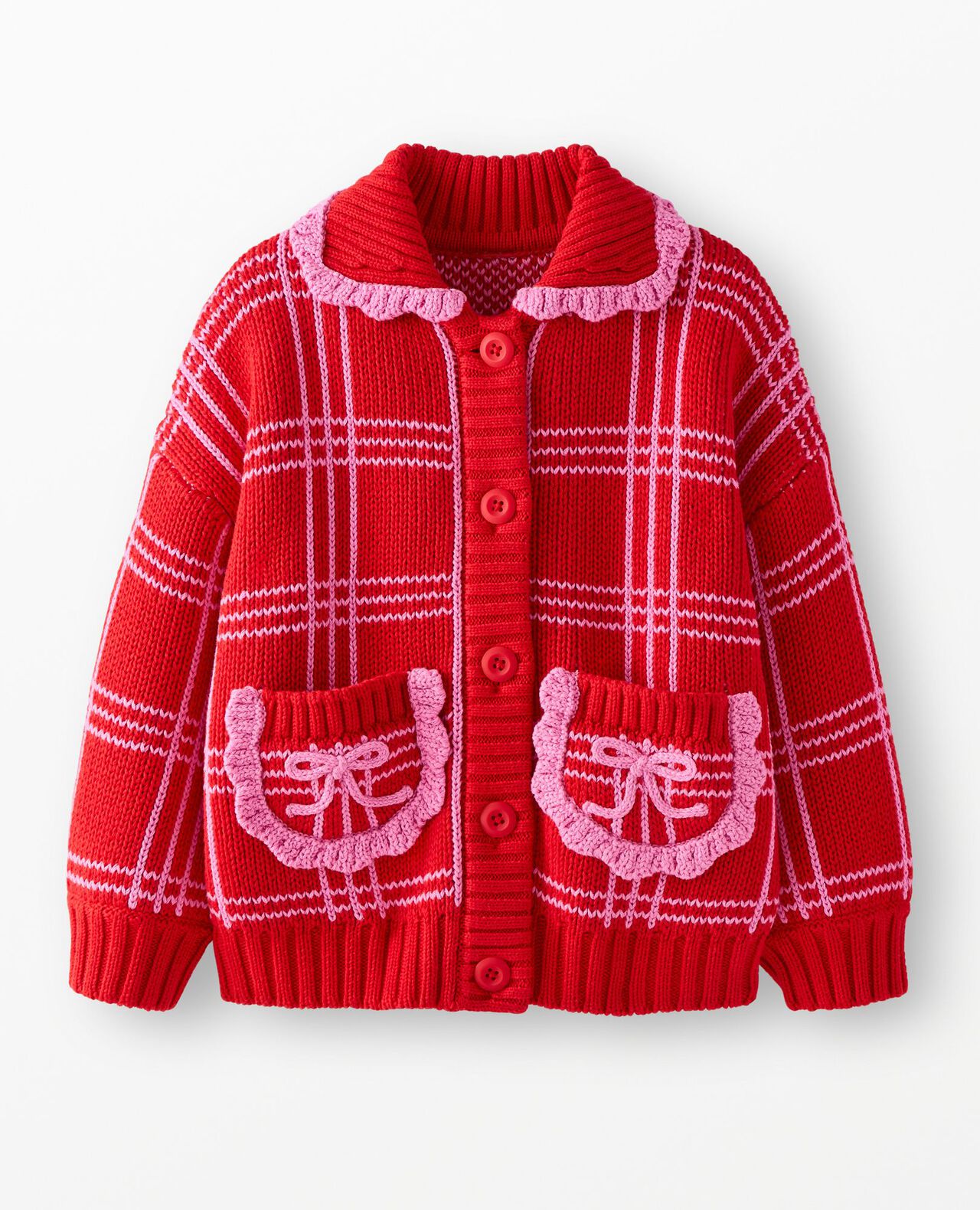 Collared Bow Pocket Cardigan in Grid Plaid - main