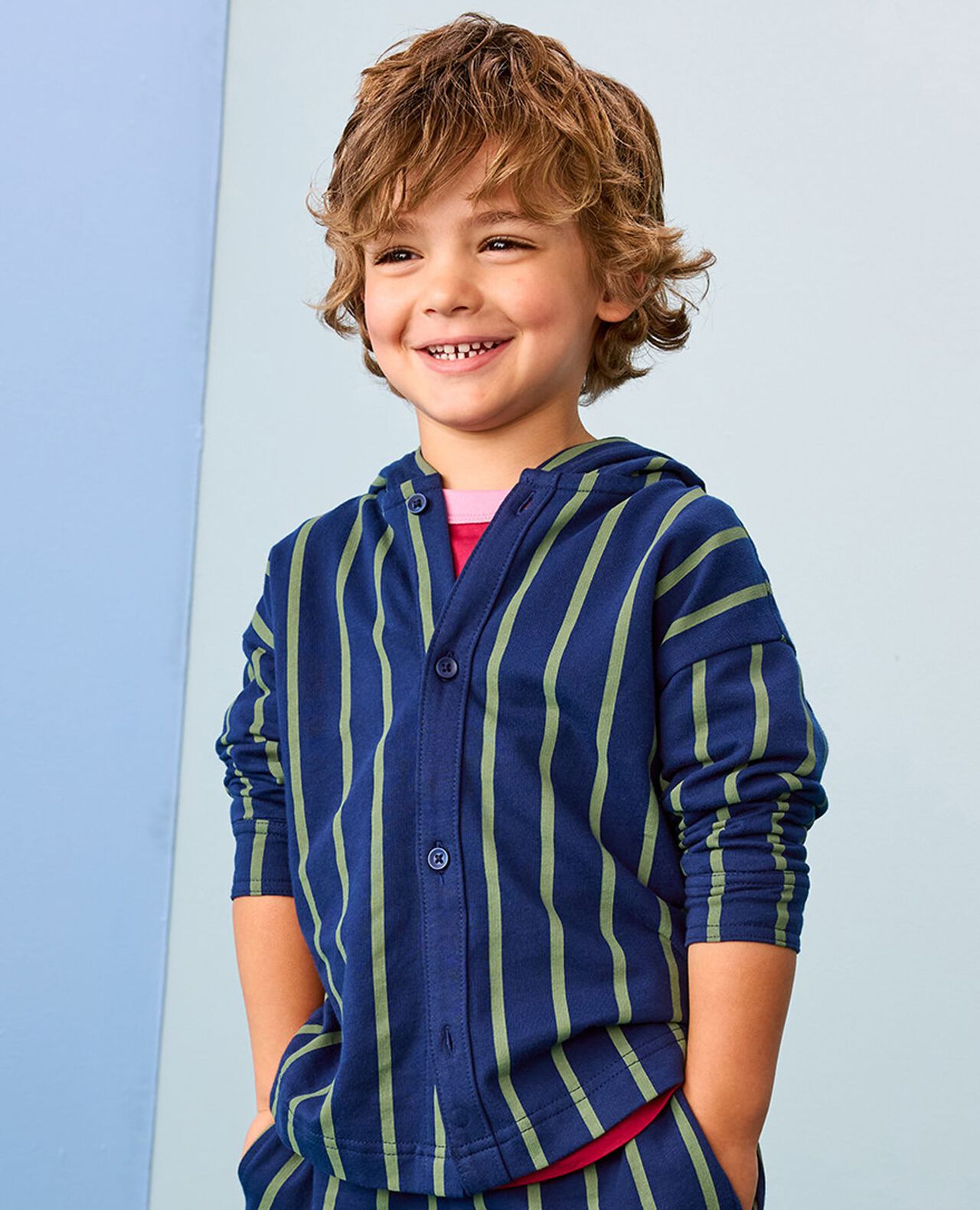 French Terry Hooded Striped Button Up Shirt in Navy Blue/Green Olive - main