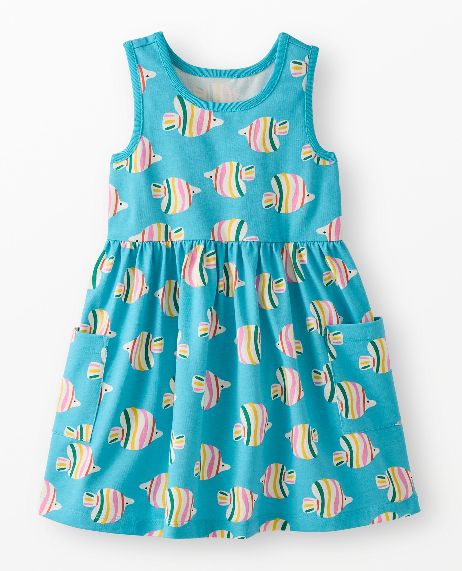 Sleeveless Playground Dress with Pockets in Rainbow Fish on Majorca Blue - main