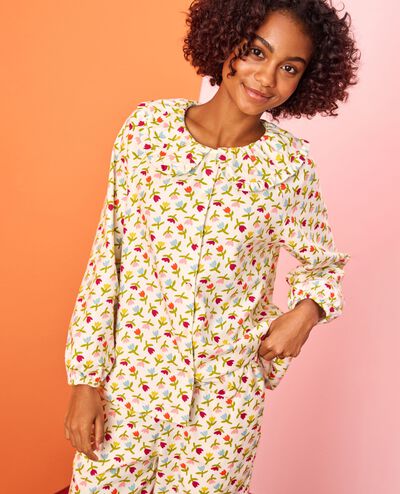 Women's Flannel Ruffle Pajama Set in Multicolor Tulips on Ecru - main