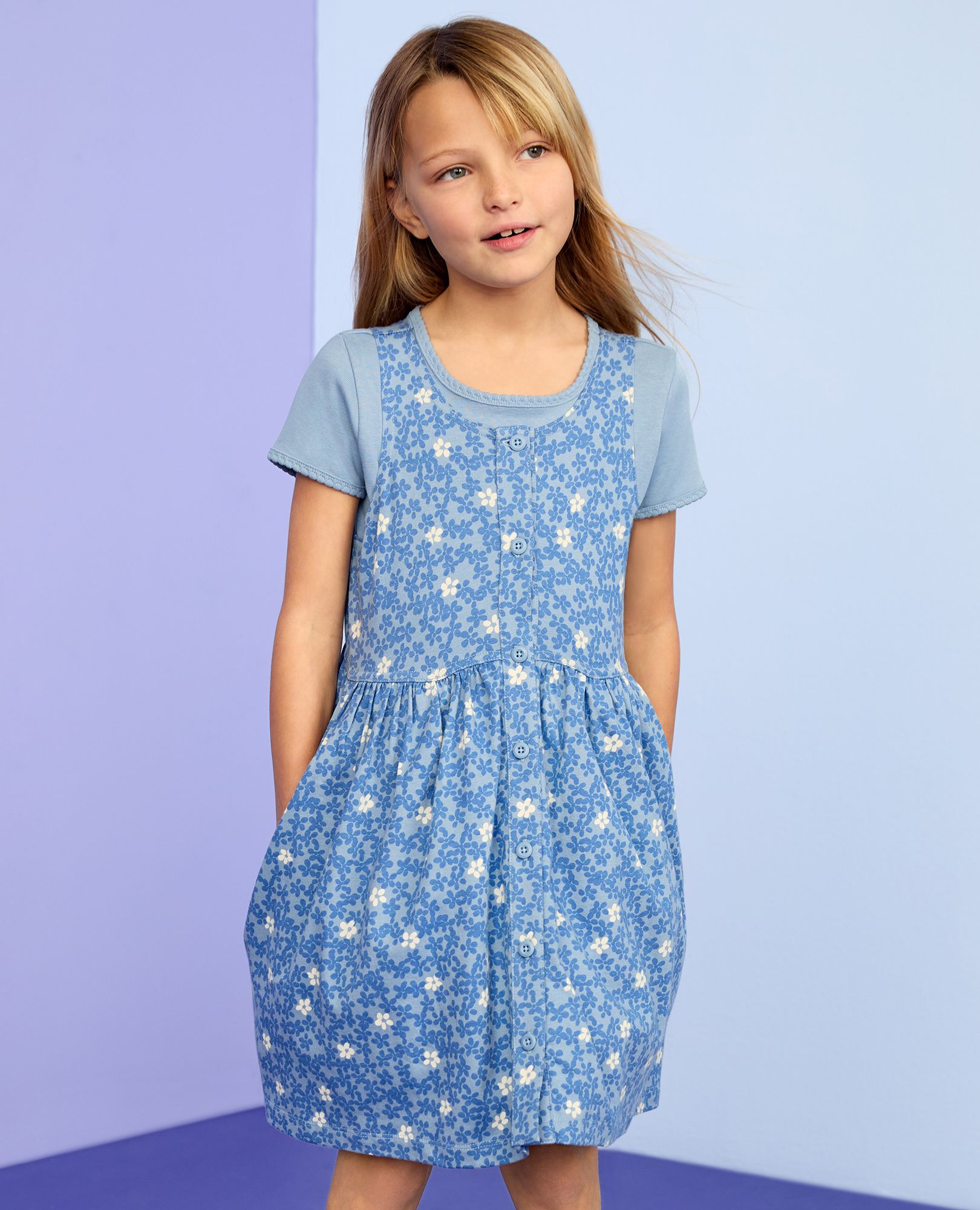 Sleeveless Button Front Dress with Pockets in Blue Flowers on Blue - main