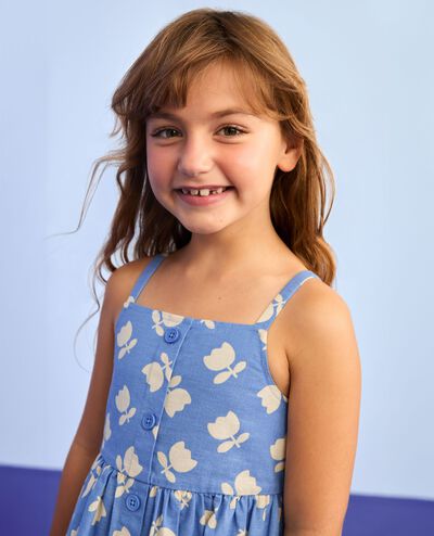 Sleeveless Linen Midi Dress with Pockets in Tossed Tulips on Blue - main