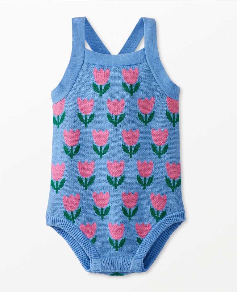 Baby Sweater Knit Bubble Romper in Tulips on Vintage Blue - main