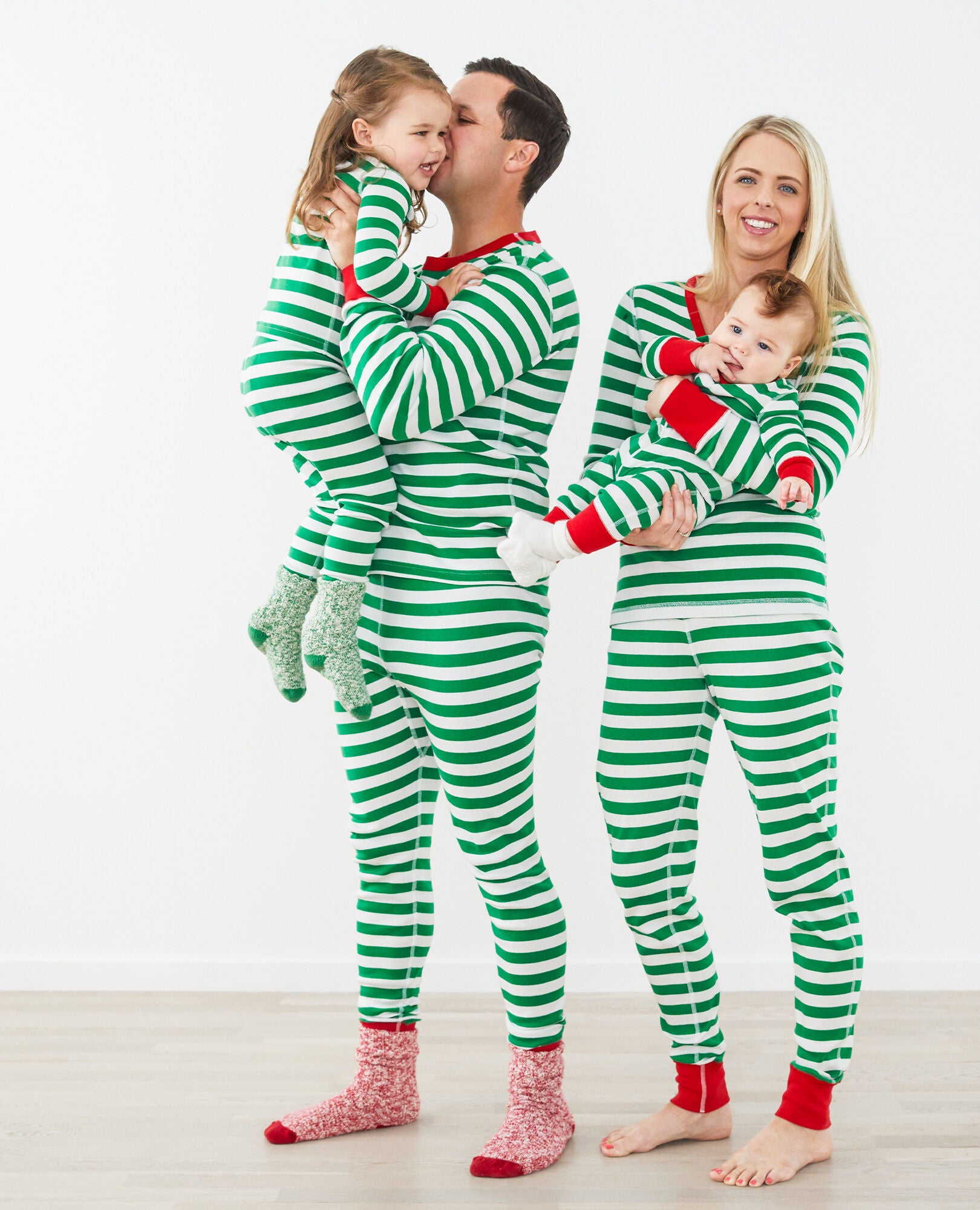 Adult Striped Long John Pajama Top in Tree Green/White/Hanna Red - main