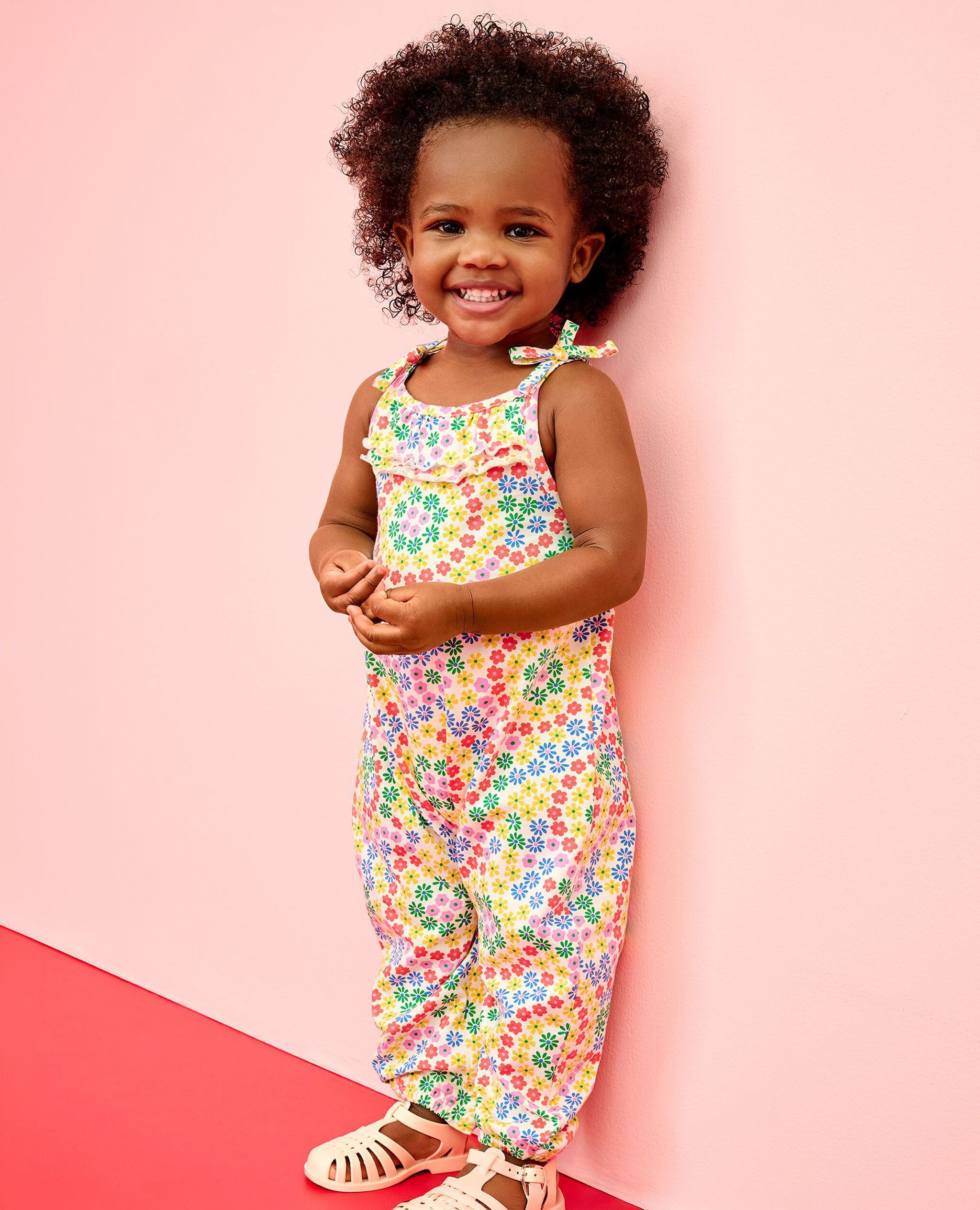 Baby Sleeveless Ruffle Romper in Swirly Floral on Ecru - main