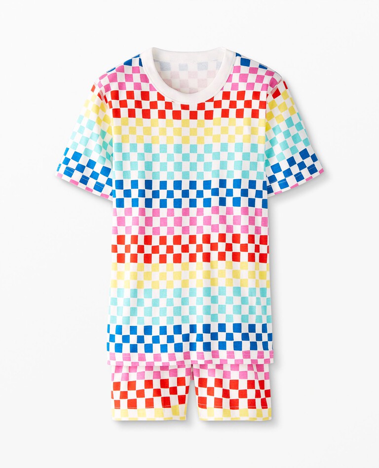 Adult Unisex Short John Pajamas In Organic Cotton in Cheerful Checkerboard - main