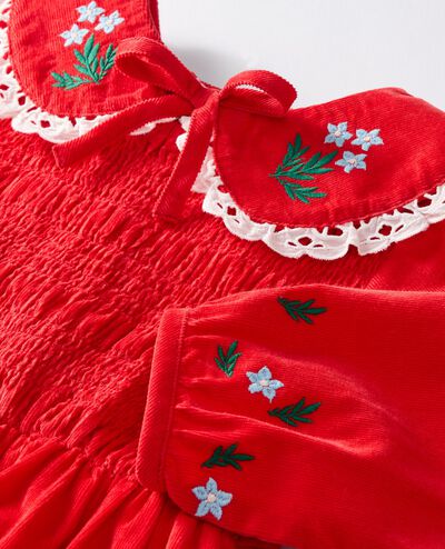 Balloon Sleeve Collared Corduroy Dress with Pockets in Ribbon Red - main