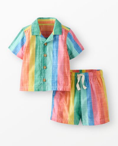 Baby Poplin Button Up Shirt & Shorts Set in Bright Rainbow Stripe - main