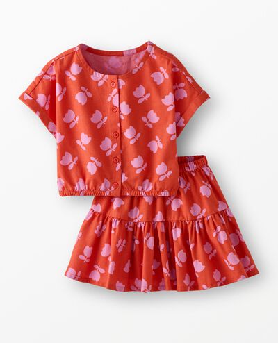 Dolman Sleeve Linen Top & Tiered Skirt Set in Tossed Tulips on Red - main