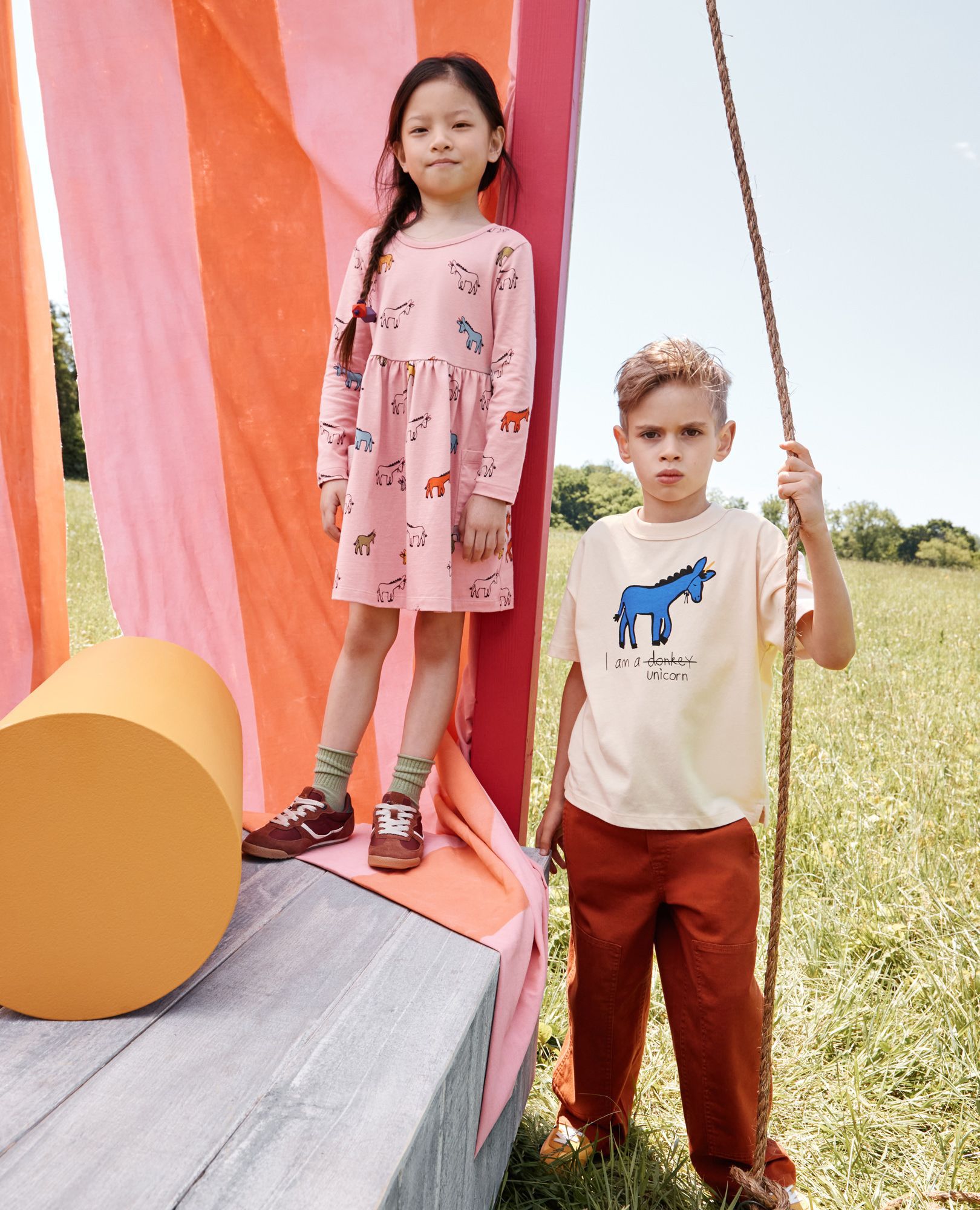 Long Sleeve Playground Dress with Pockets in Donkeys on Powdered Rose - main