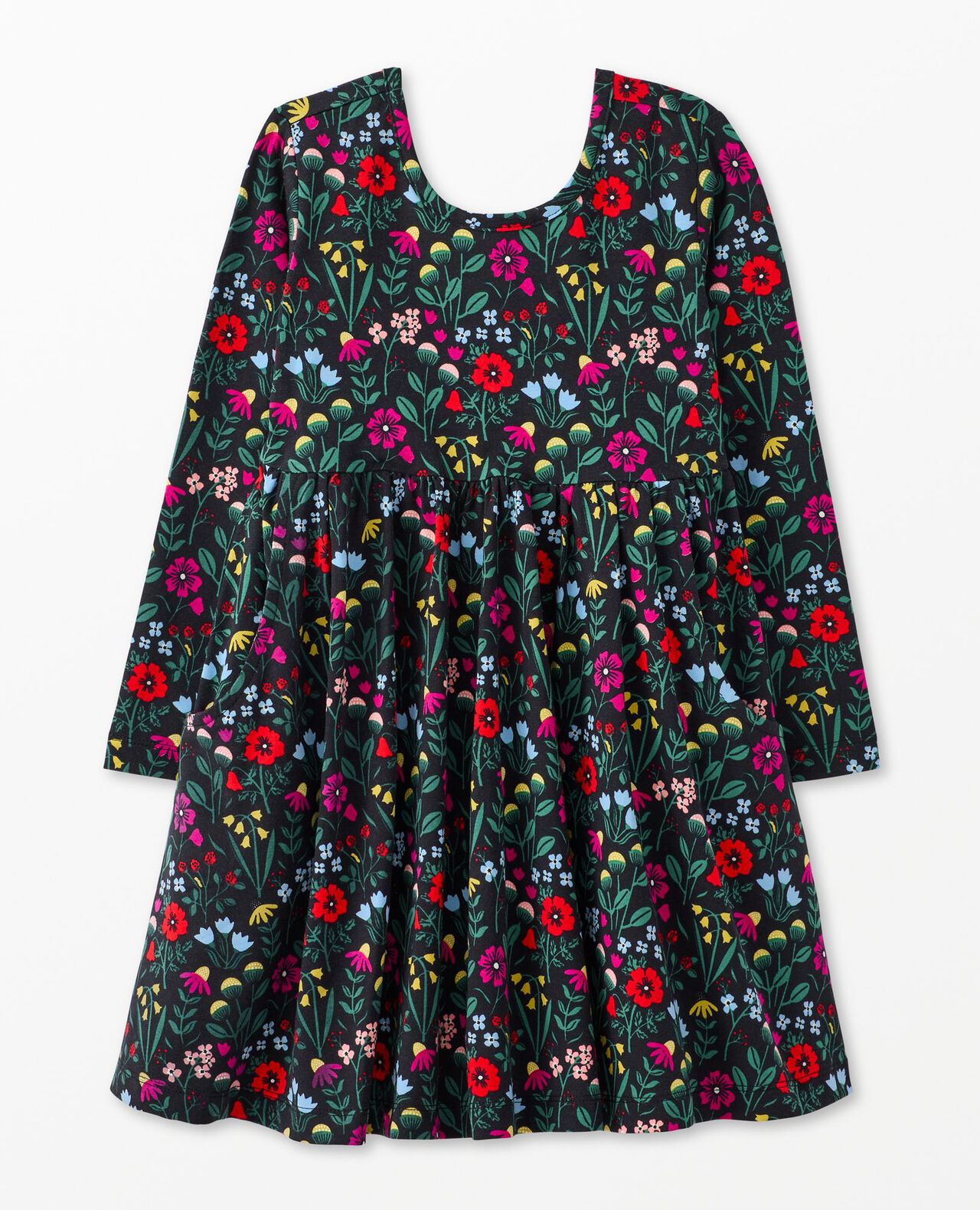 Holiday Long Sleeve Skater Dress with Pockets in Garden Dream on Black - main