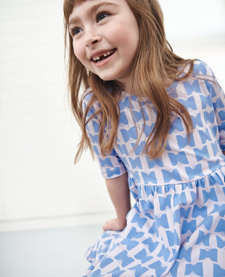 Skater Dress with Pockets in Blue Butterflies on Purple - main