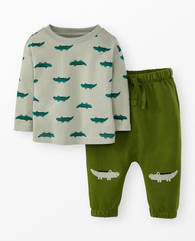 Baby Long Sleeve T-Shirt & French Terry Pants Set in Pine Green Alligator on Seagrass - main