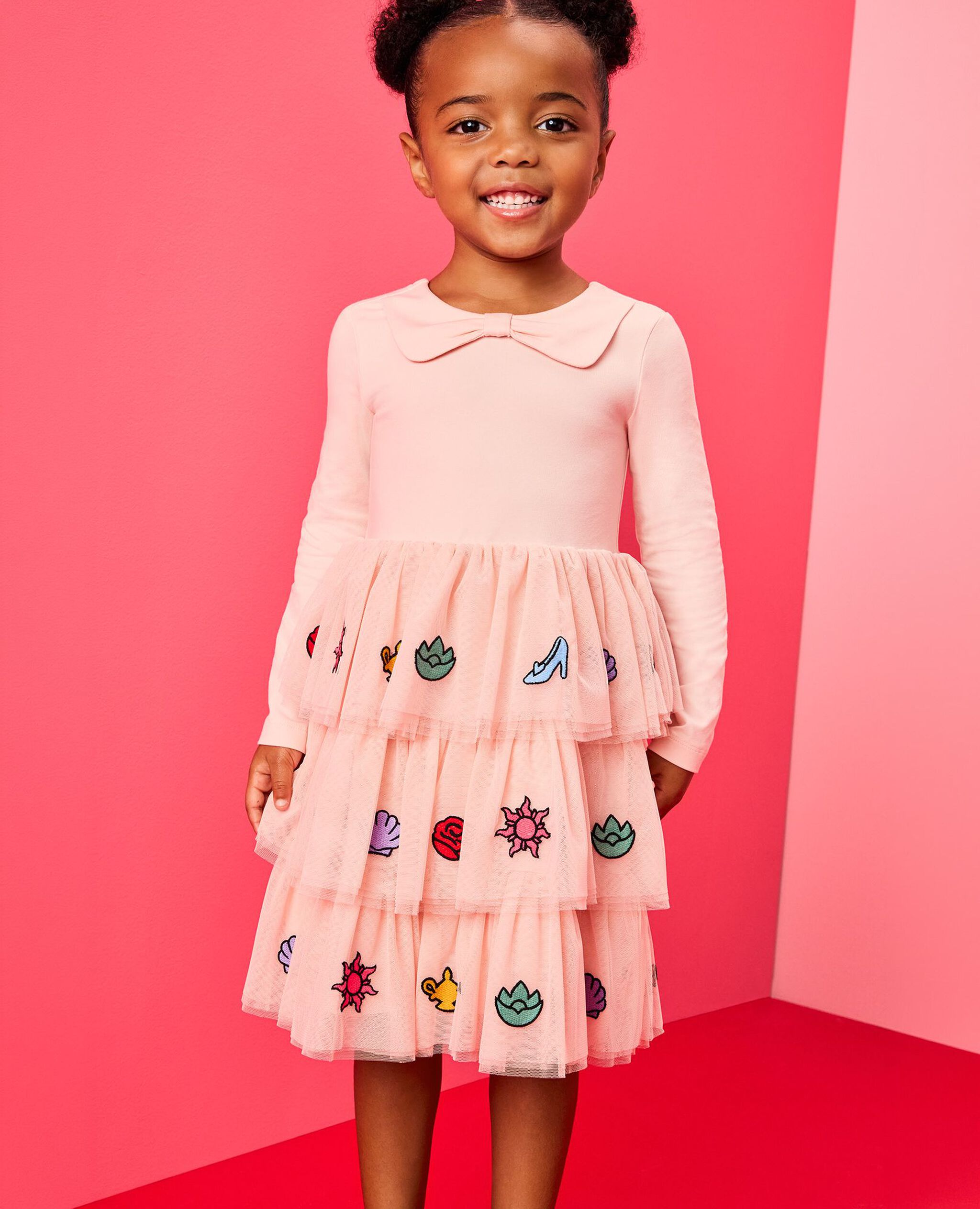 Disney Princess Long Sleeve Tulle Dress in Multi Princess on Pink - main