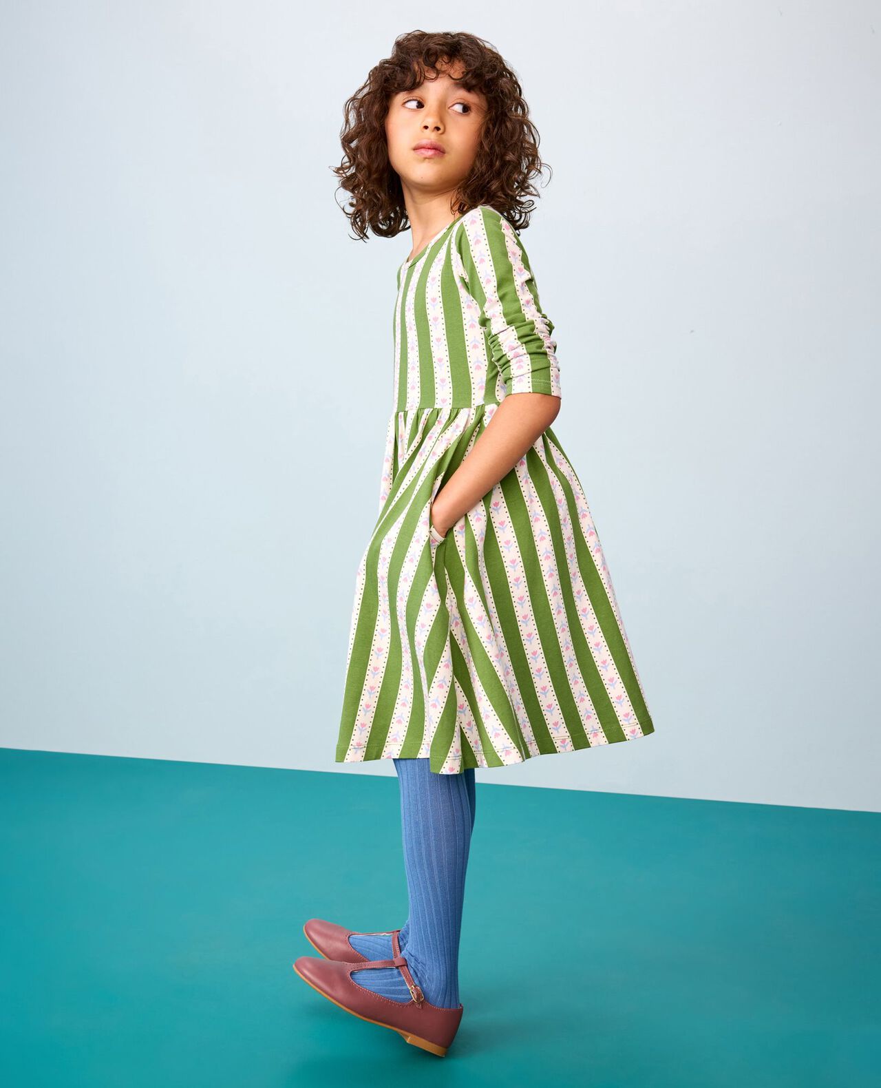 Heart-Back Skater Dress with Pockets in Tulip Stripes on Cactus - main