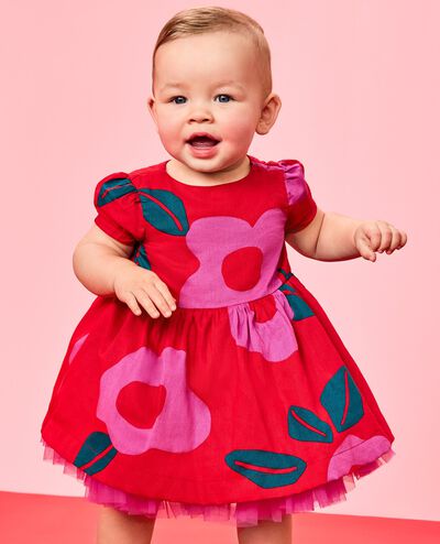 Baby Sateen Tulle Dress & Bloomers Set in Purple Orchid Holiday Floral on Ribbon Red - main