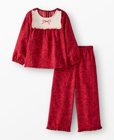 Holiday Flannel Bib Pajama Set in Bows on Beet Red - main