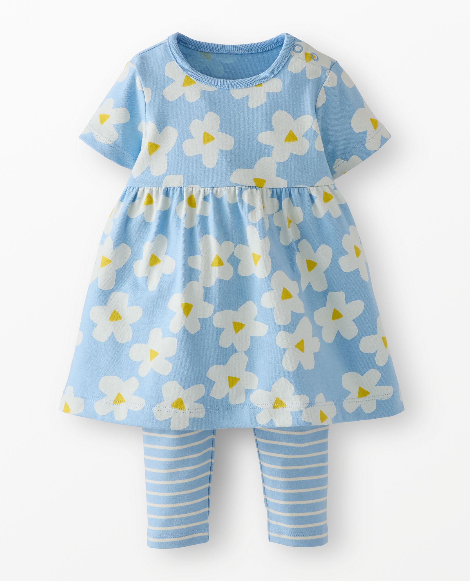 Baby Dress & Leggings Set in Ecru and Yellow Flower on Blue - main