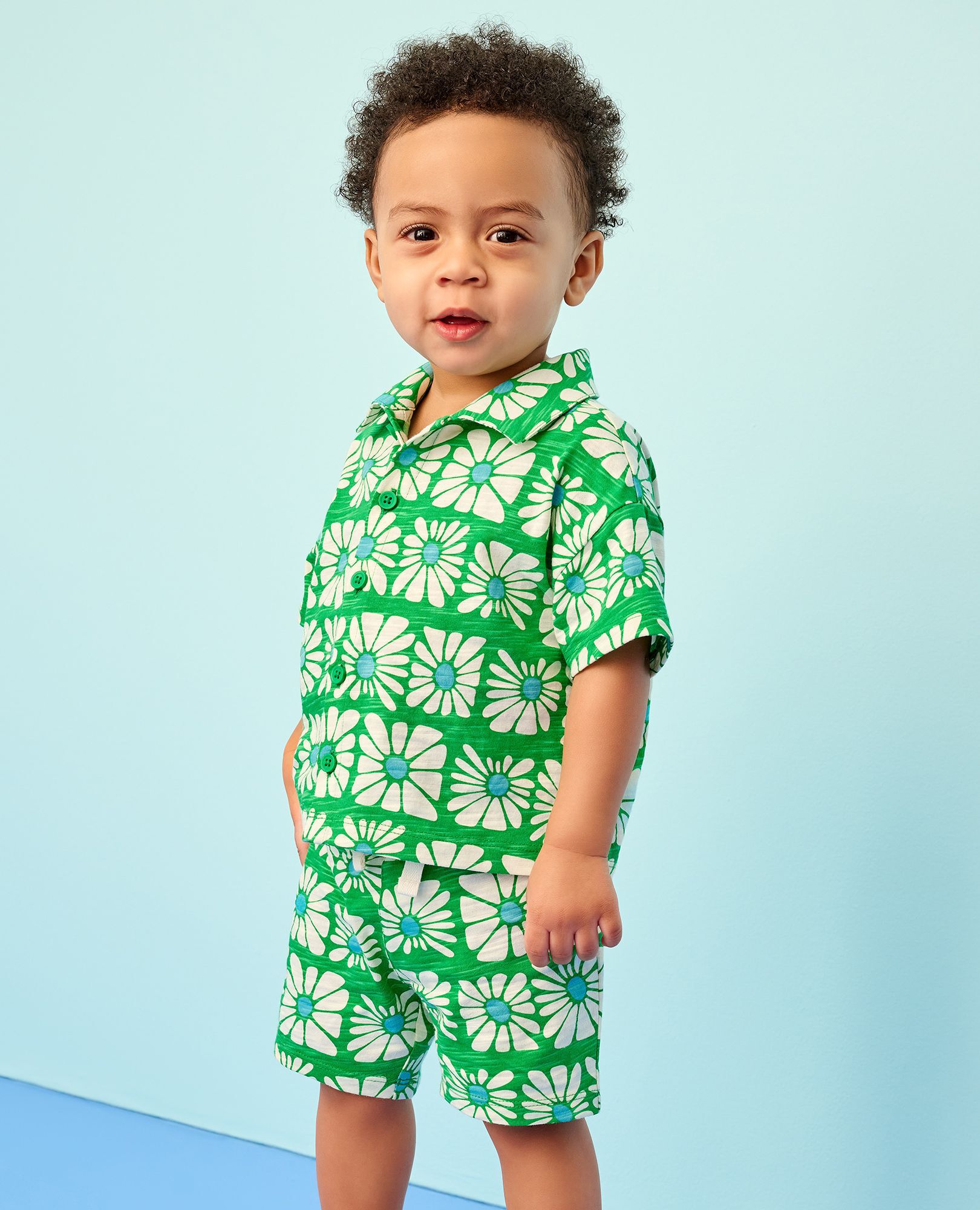 Baby Button Up Shirt & Shorts Set in Funky Floral on Island Green - main