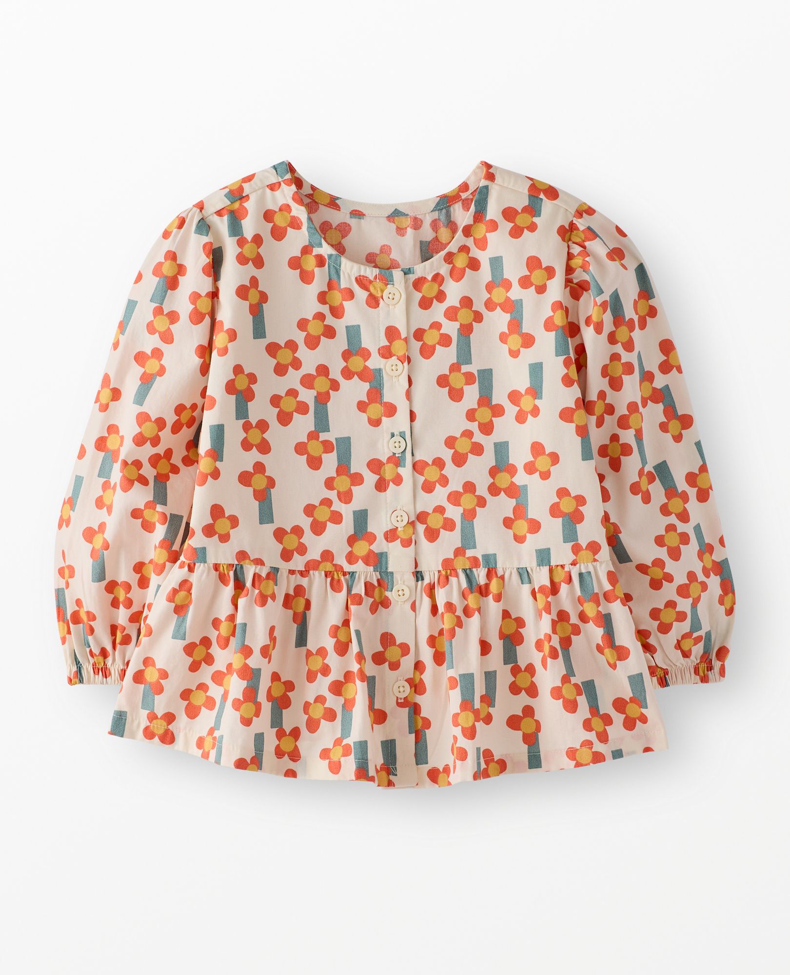 Long Sleeve Poplin Peplum Shirt in A Field of Flowers on Ecru - main