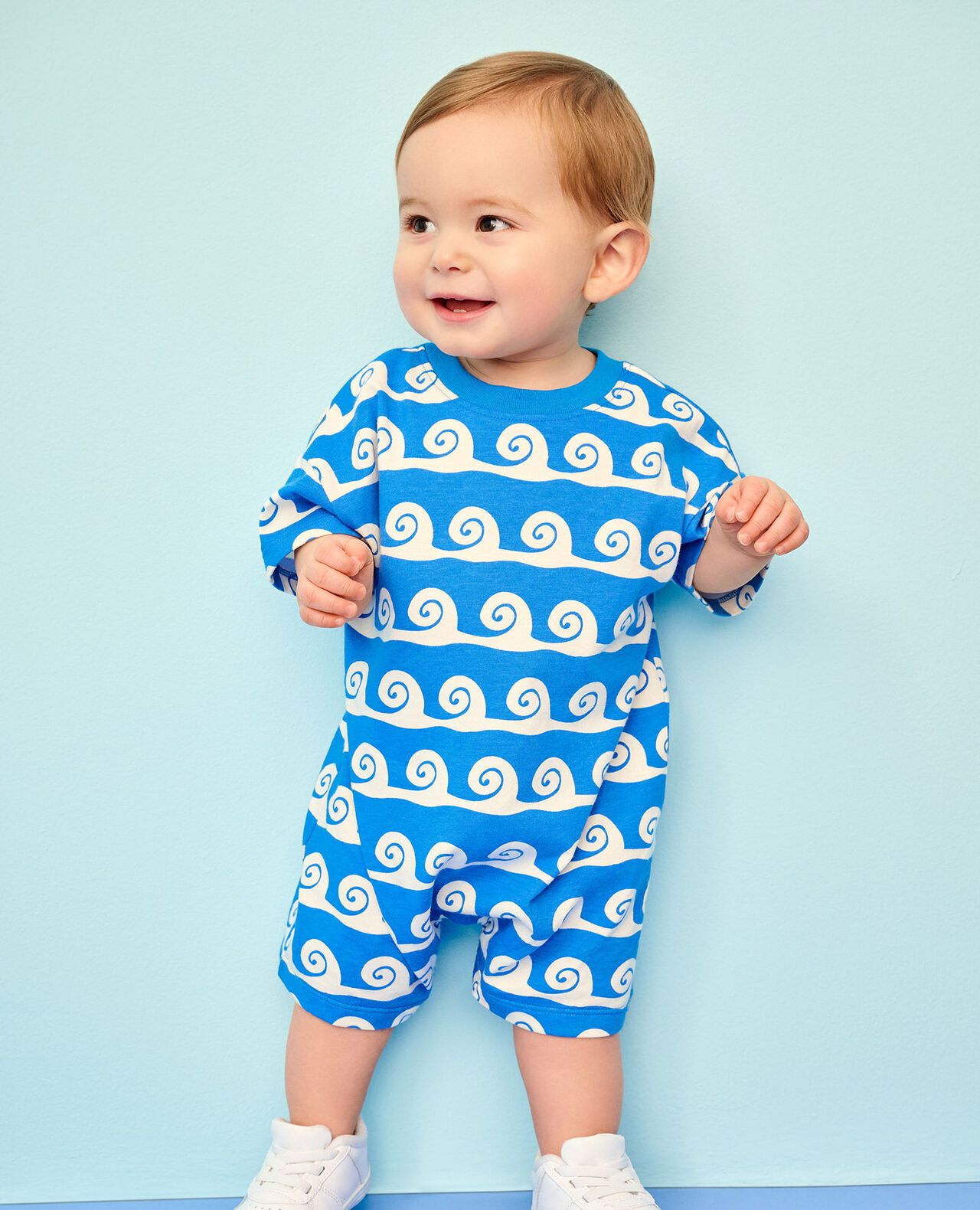 Baby Oversized Romper in Swirly Waves on Swedish Sky - main