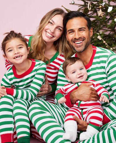 Adult Striped Long John Pajama Top in Tree Green/White/Hanna Red - main