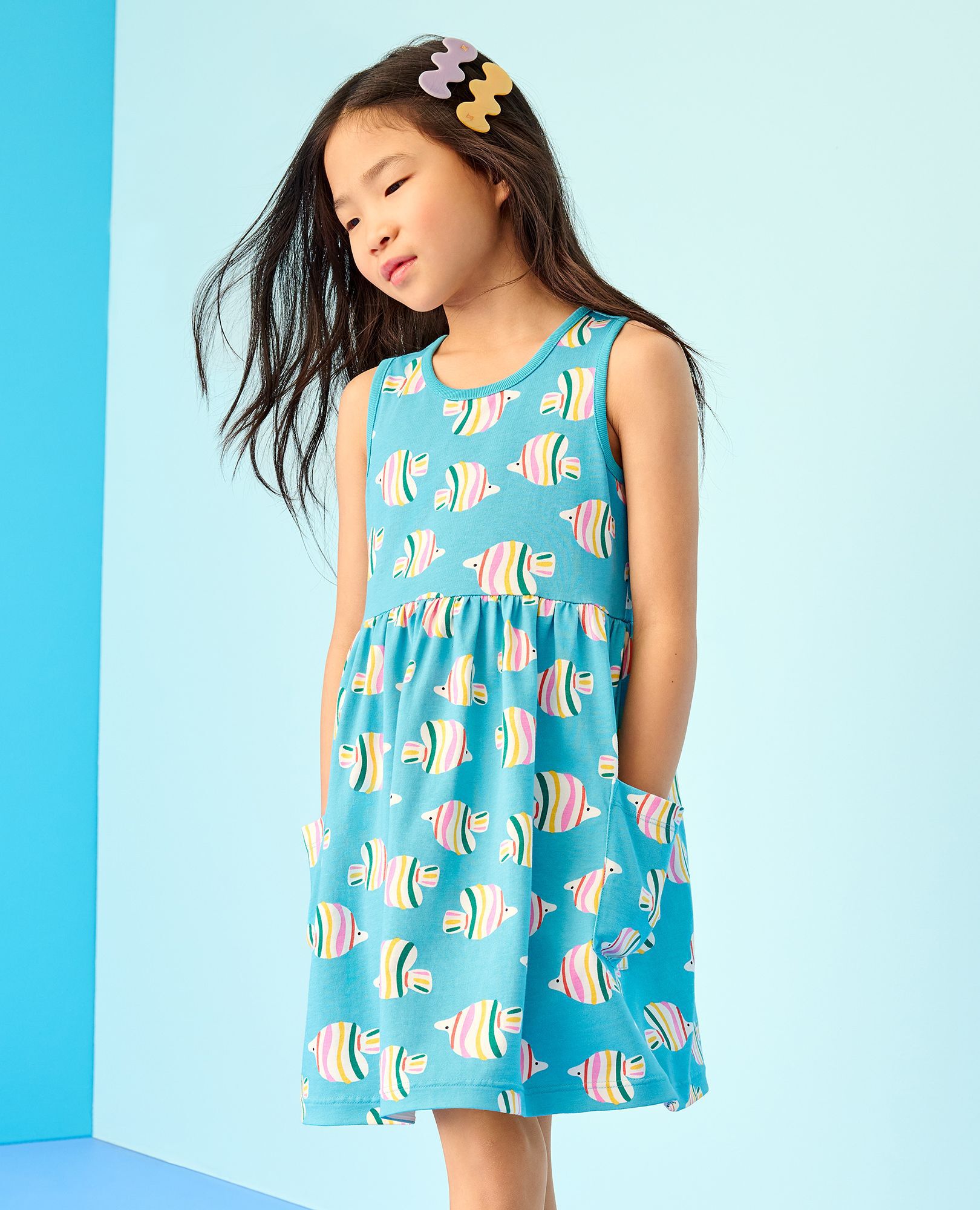 Sleeveless Playground Dress with Pockets in Rainbow Fish on Majorca Blue - main