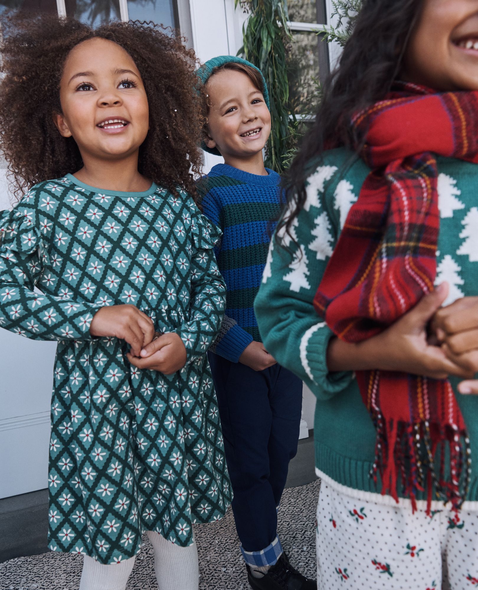 Holiday Long Sleeve Ruffle Dress with Pockets in Green Lattice Work - main