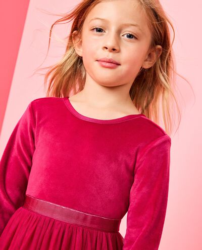 Long Sleeve Velour Tulle Tiered Dress in Raspberry - main