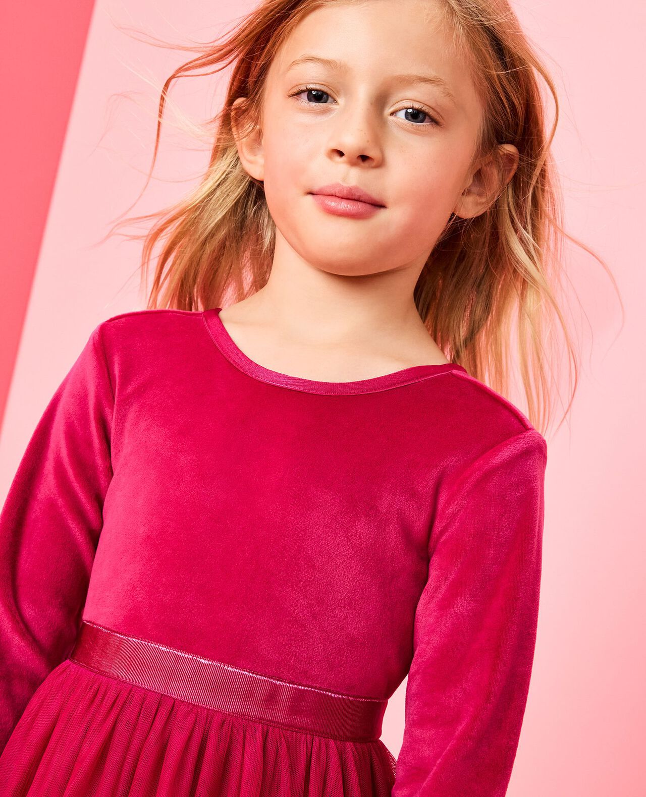 Long Sleeve Velour Tulle Tiered Dress in Raspberry - main