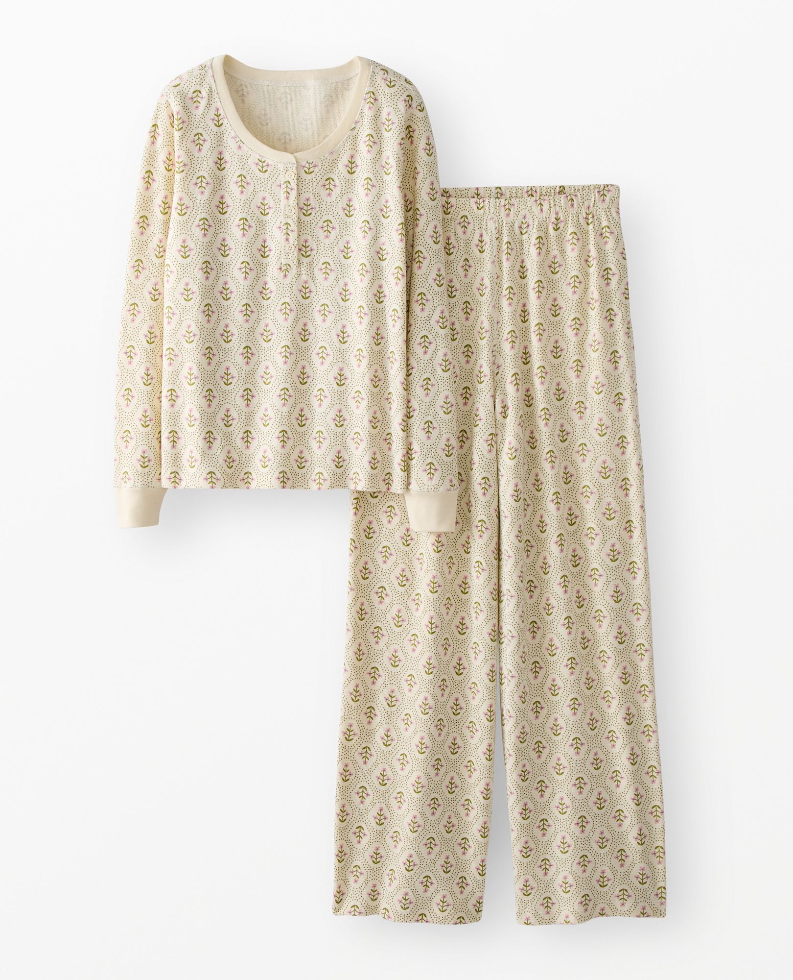Women's Holiday Long Sleeve Waffle Henley Pajama Set in Winter Floral on Ecru - main