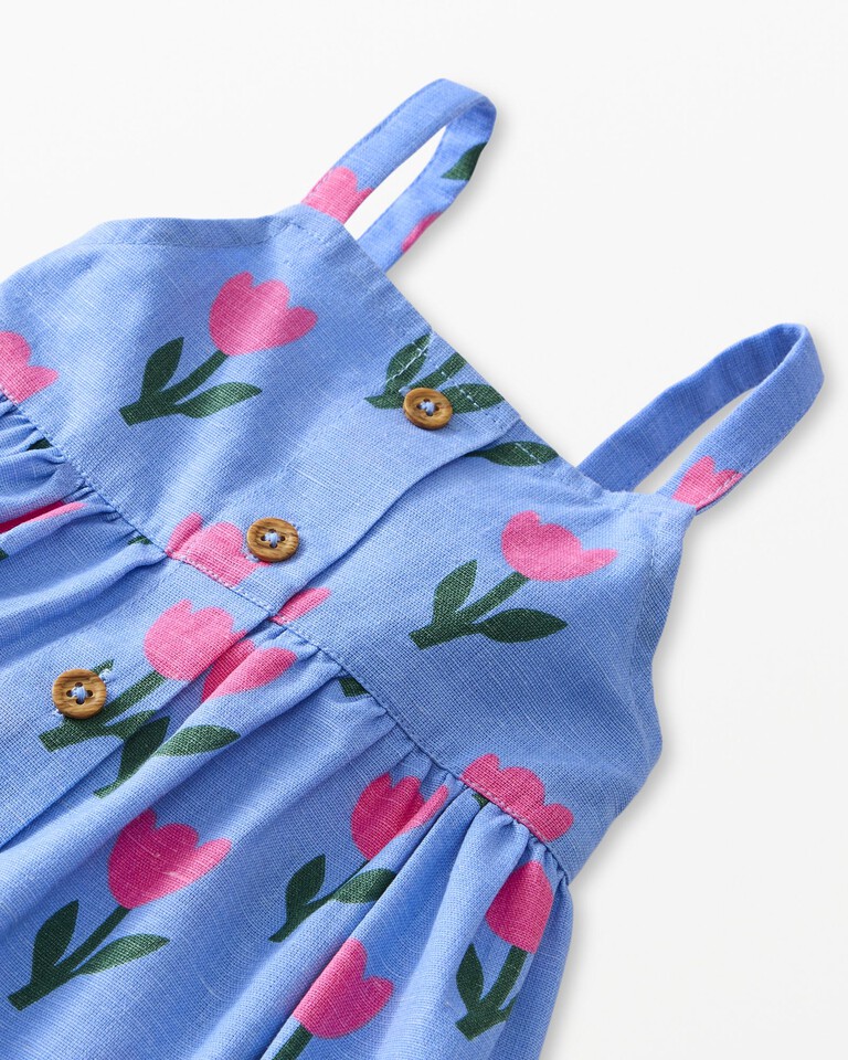 Baby Linen Dress in Tulips on Vintage Blue - main