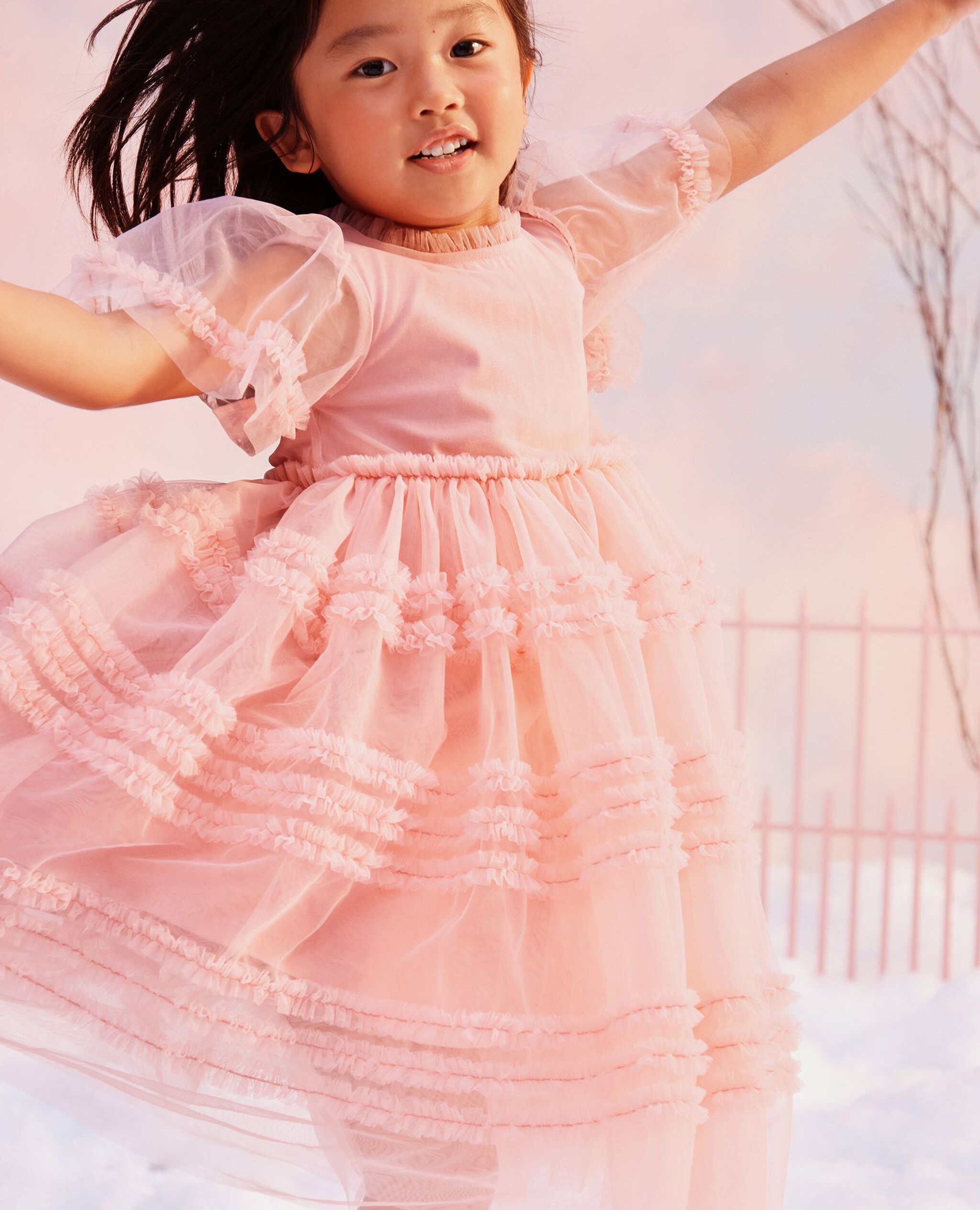 Flutter Sleeve Tulle Ruffle Dress in Pink - main