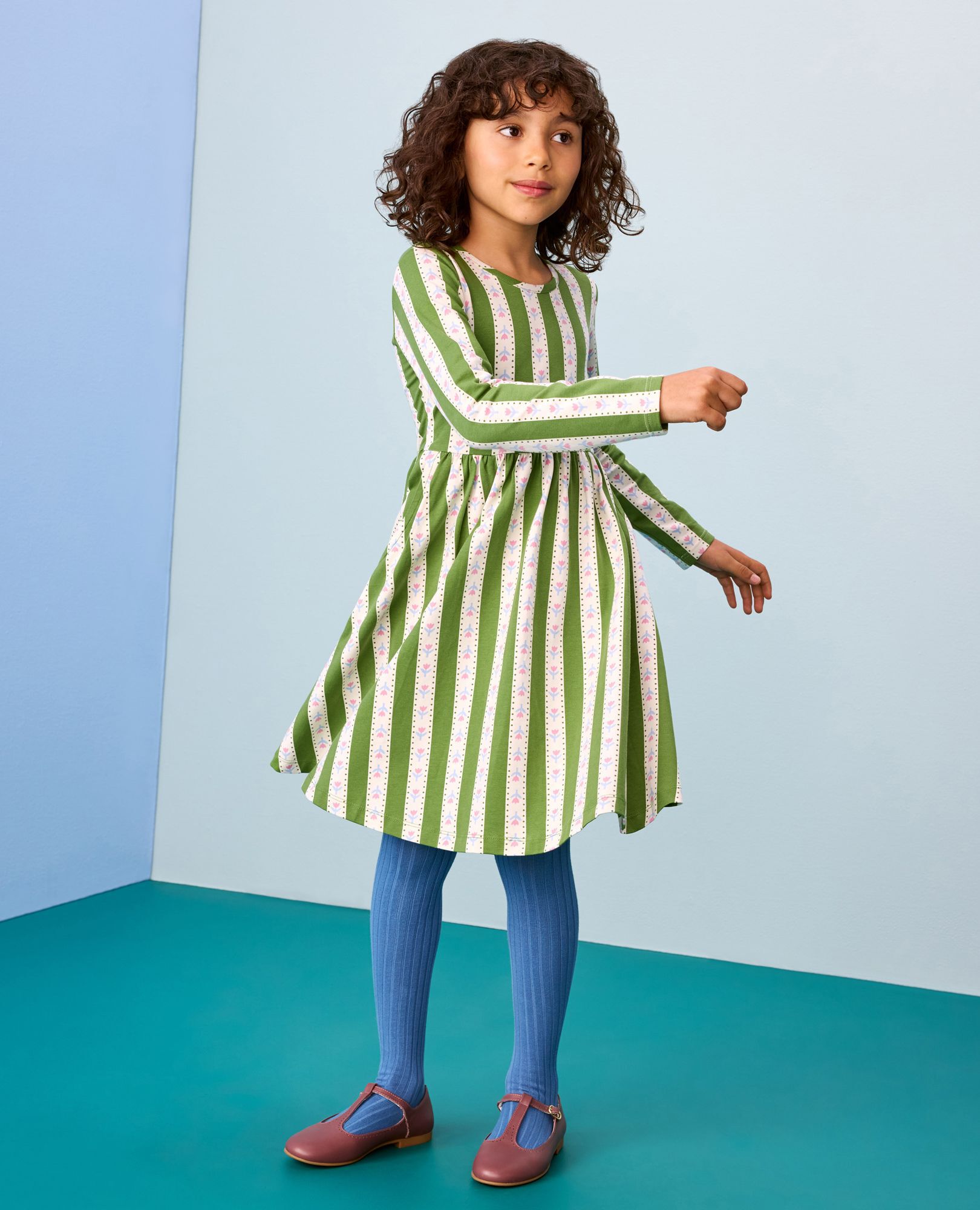 Heart-Back Skater Dress with Pockets in Tulip Stripes on Cactus - main