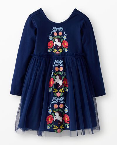 Long Sleeve Tulle Embroidered Dress in Magical Unicorn on Navy Blue - main