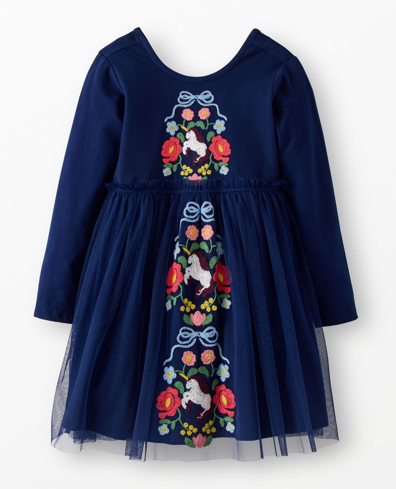 Long Sleeve Tulle Embroidered Dress in Magical Unicorn on Navy Blue - main