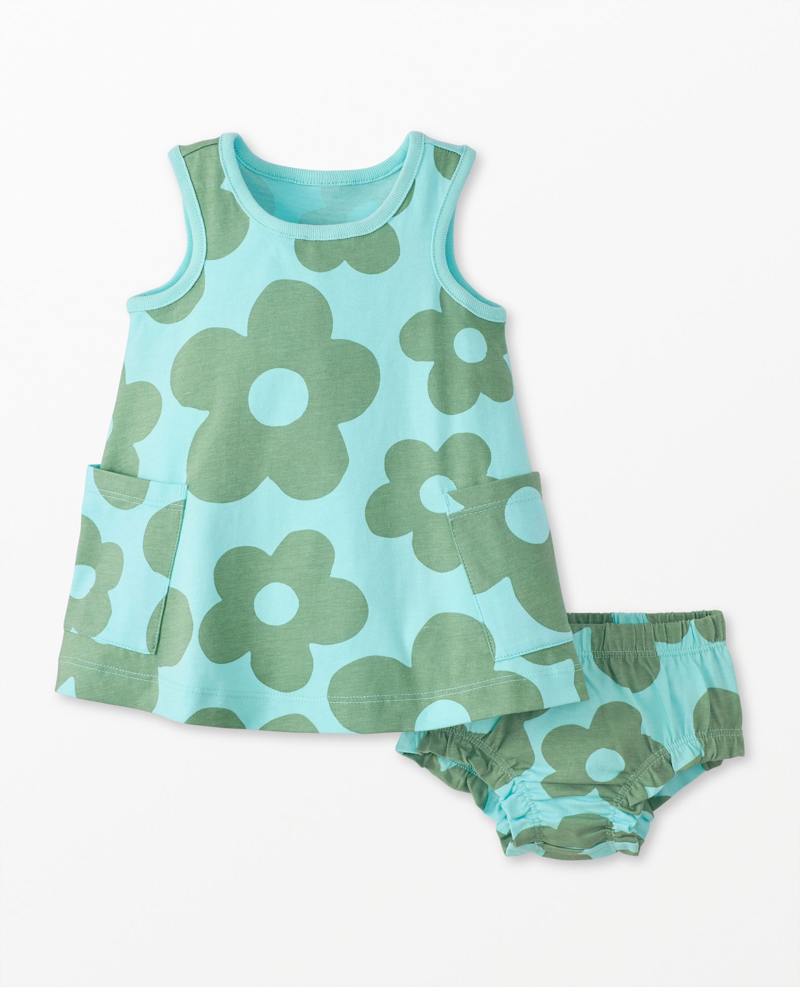 Baby Sleeveless Pocket Dress & Bloomers Set in  Gigantic Daisy on Sky Blue - main