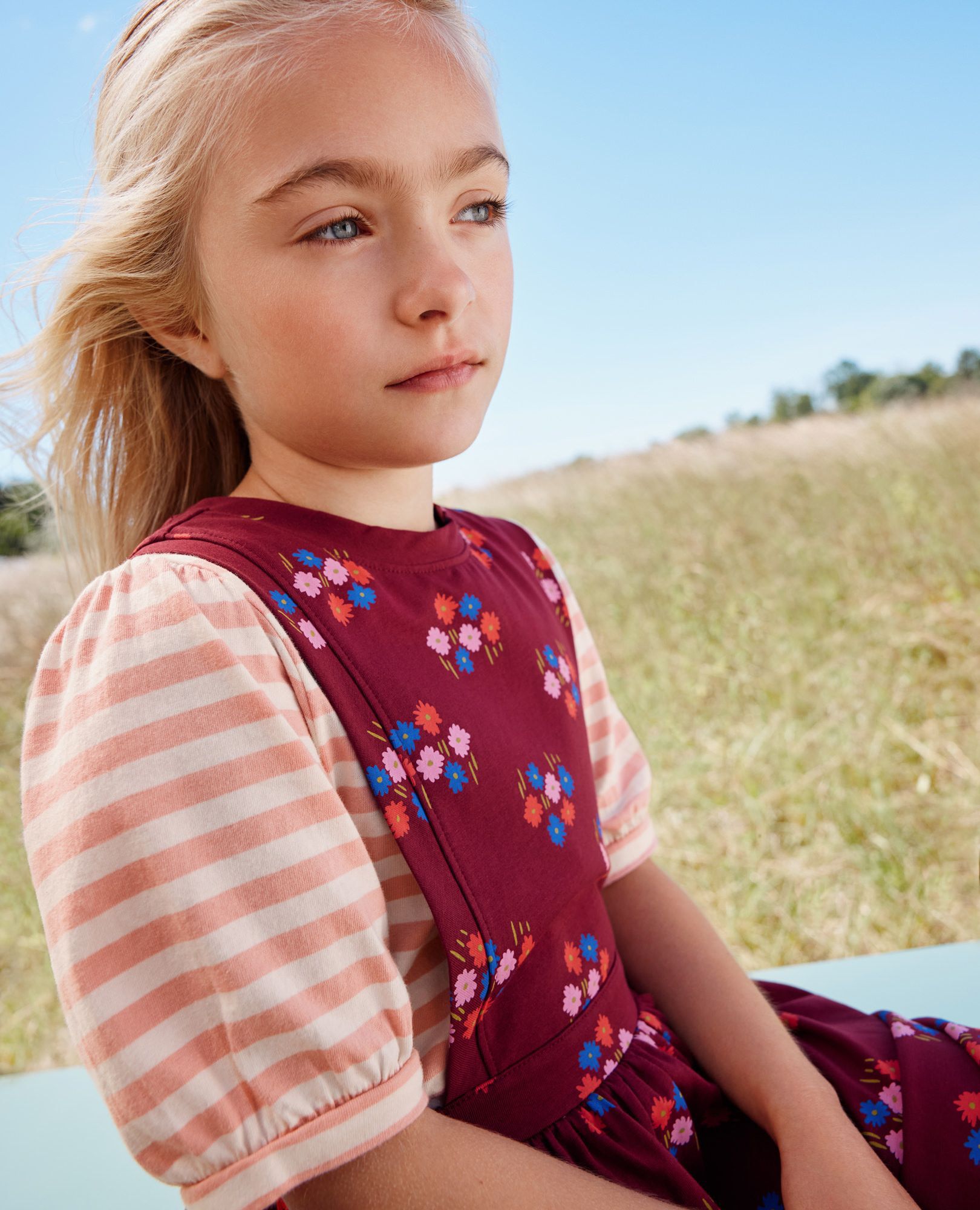 Balloon Sleeve T-Shirt & Pinafore Dress Set in Flowers on Cherry Lacquer - main