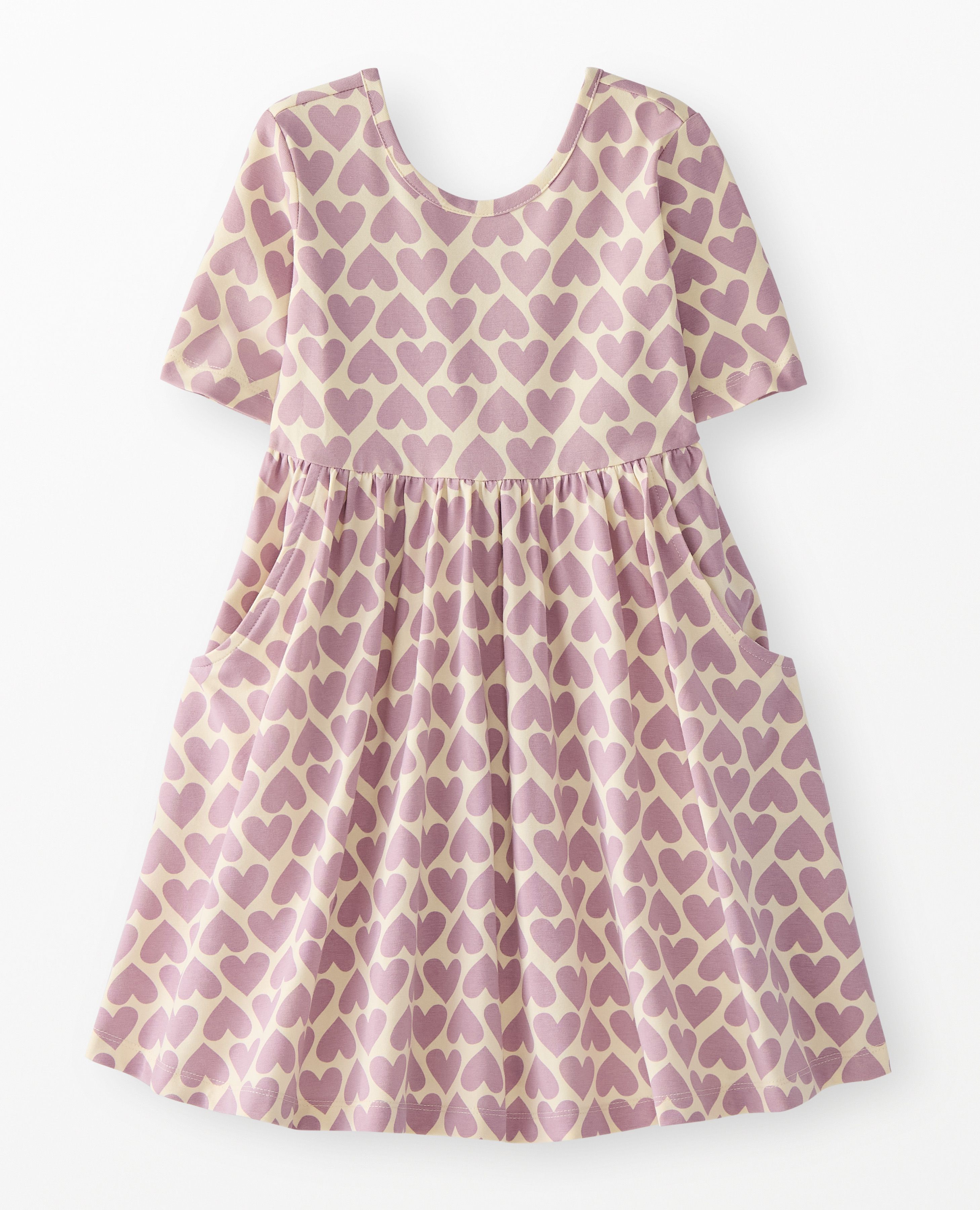 Skater Dress with Pockets in Purple Hearts on Almond Oil - main