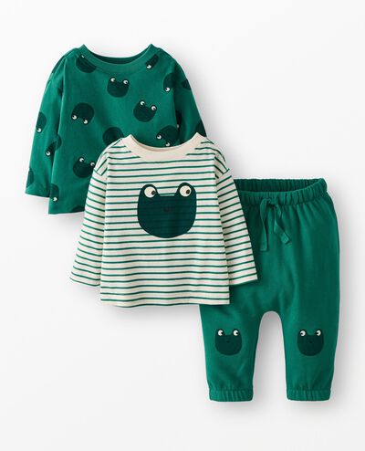 3-Pack Long Sleeve T-Shirts & Appliqué Pants Set in Froggy on Green - main