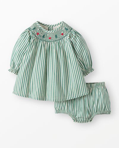Baby Holiday Embroidered Dress & Bloomers Set in Fir Tree/Ecru - main