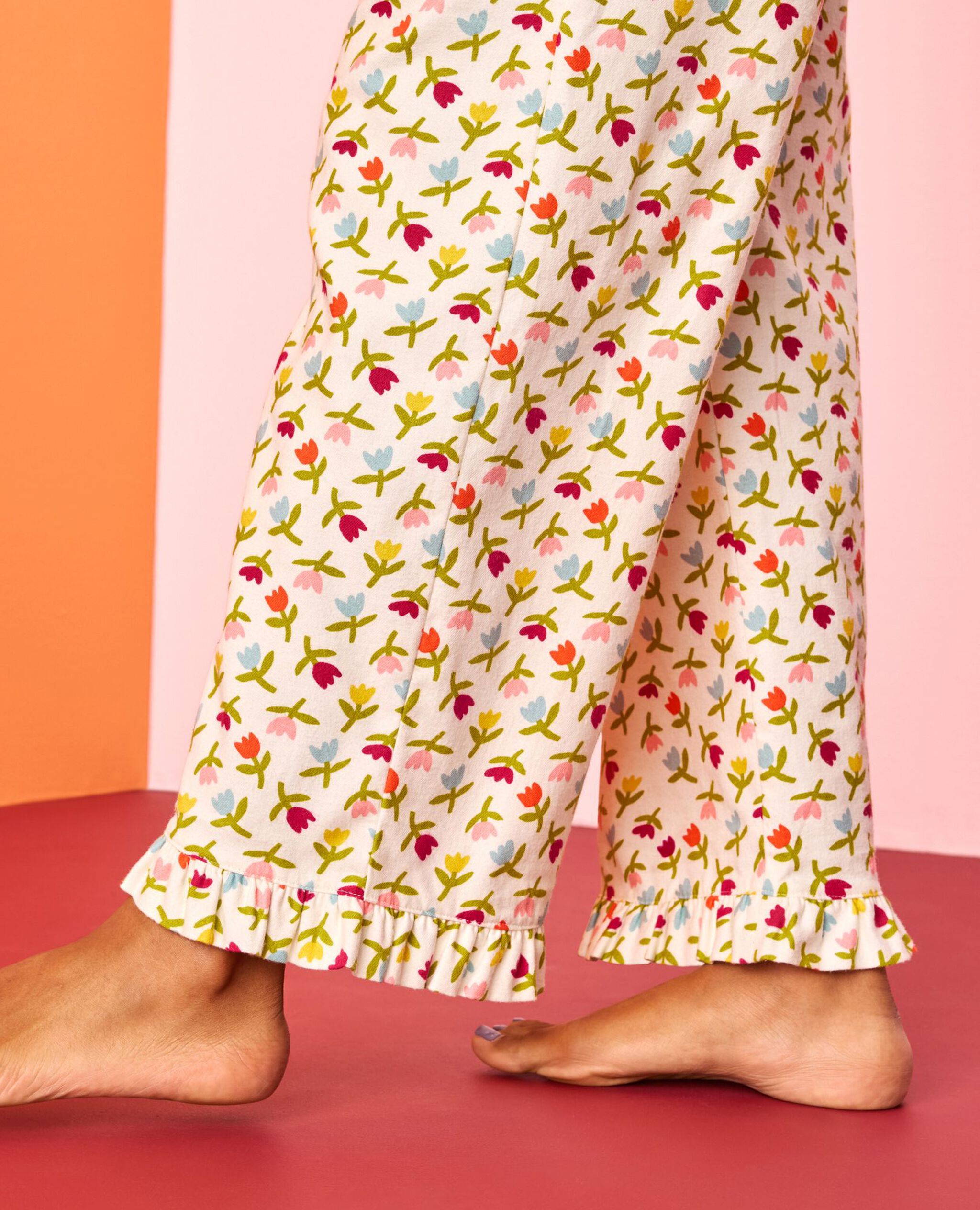 Women's Flannel Ruffle Pajama Set in Multicolor Tulips on Ecru - main