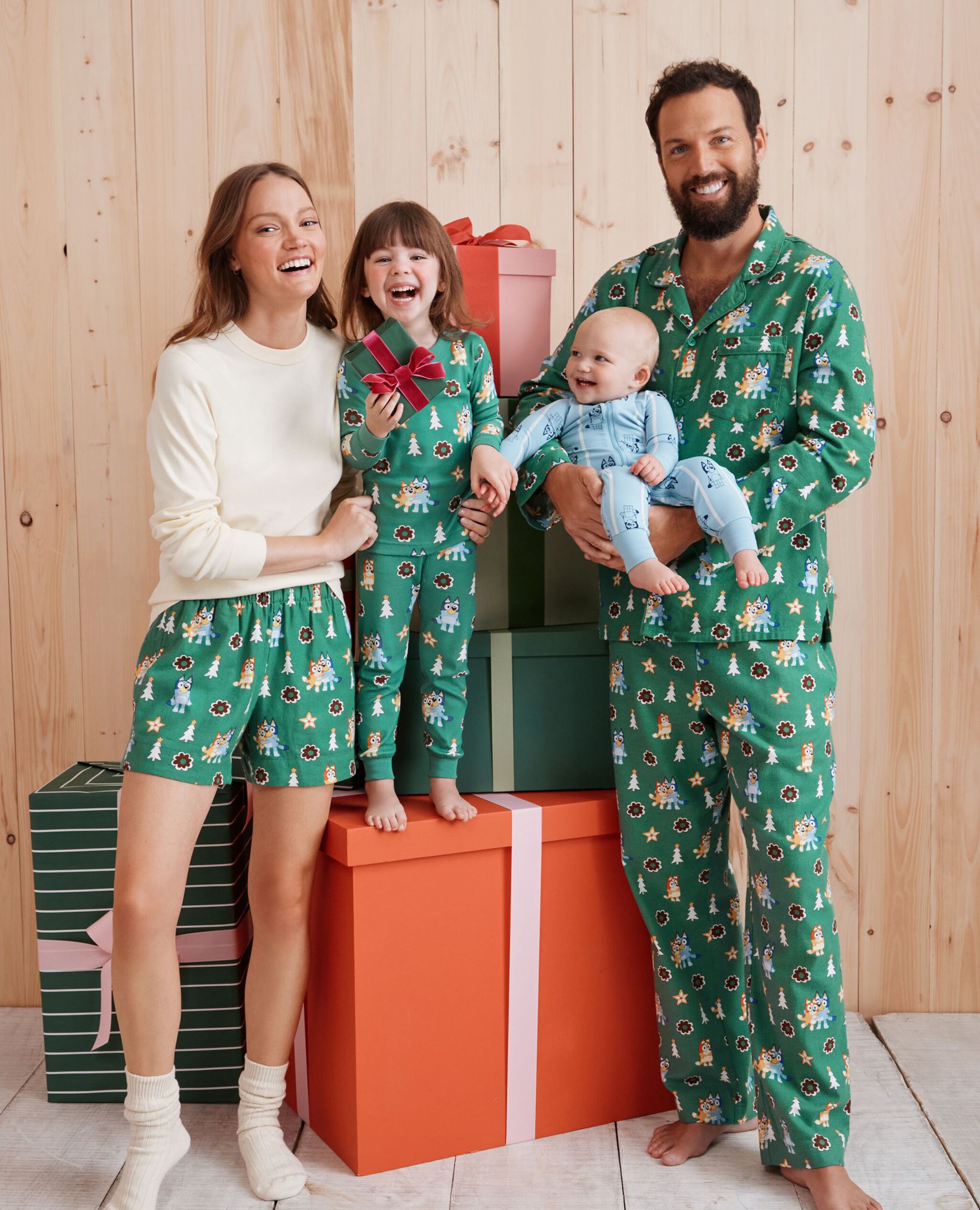 Adult Bluey Holiday Flannel Pajama Top in Bluey Hugs and Cookies on Green - main