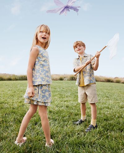 Oversized Seersucker Button Up Shirt in Flowers on Blue - main