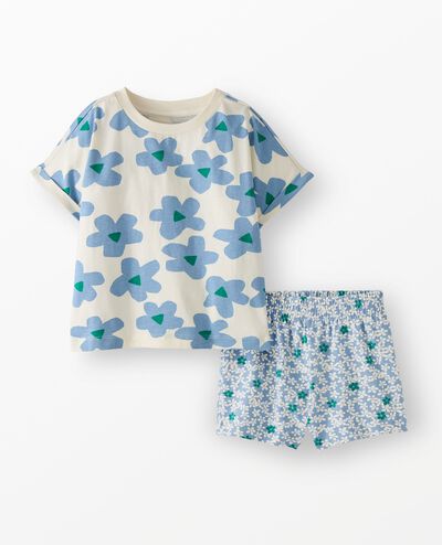T-Shirt & Shorts Set in Blue Flowers on Ecru - main