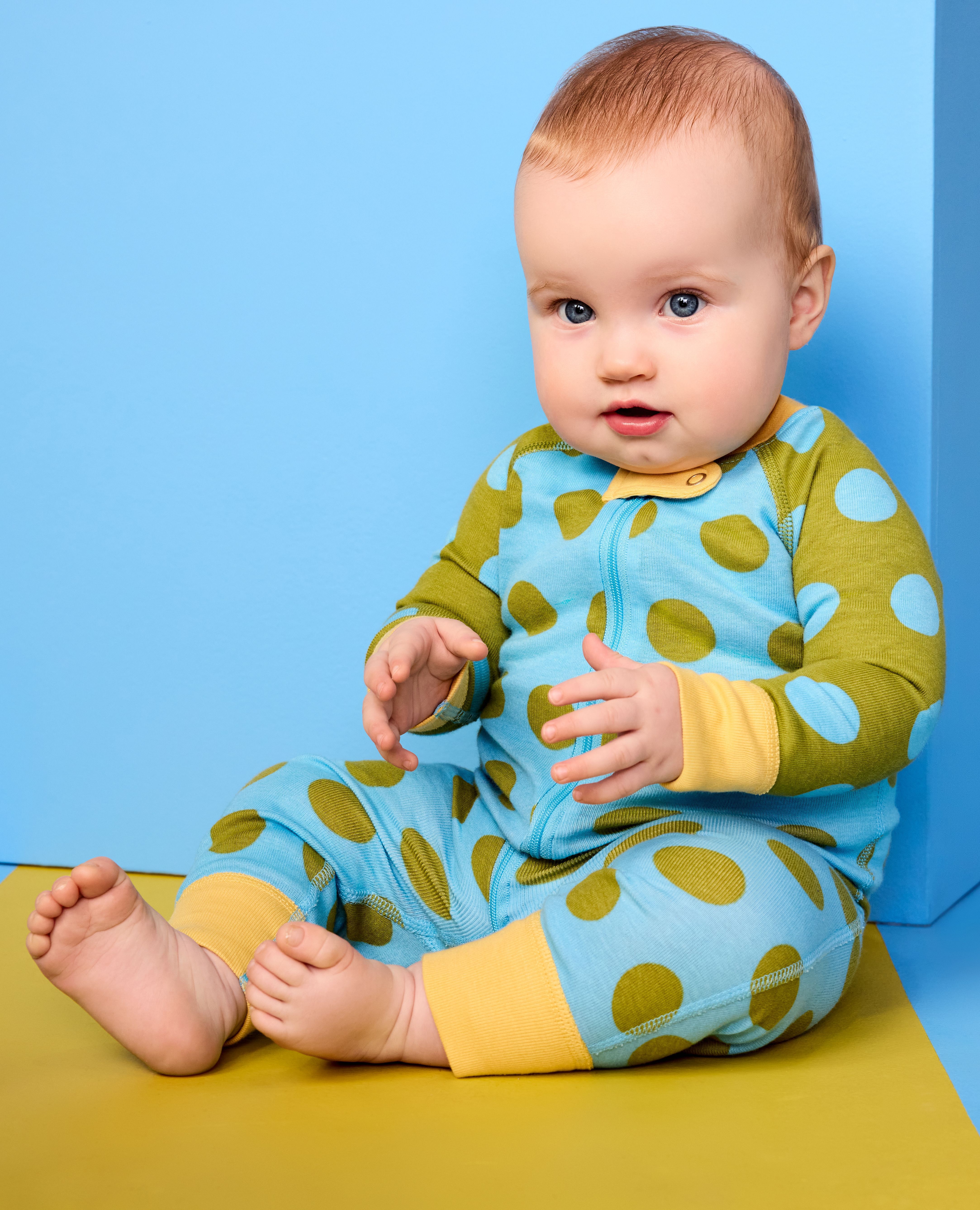 Baby Dusen Dusen HannaJams™ Sleeper in Alaskan Blue/Golden Cypress Dots - main