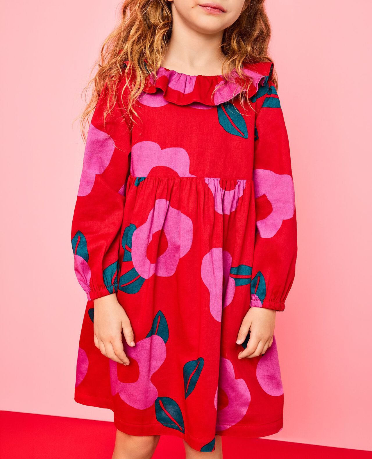Long Sleeve Twill Collared Dress with Pockets in Purple Orchid Holiday Floral on Ribbon Red - main