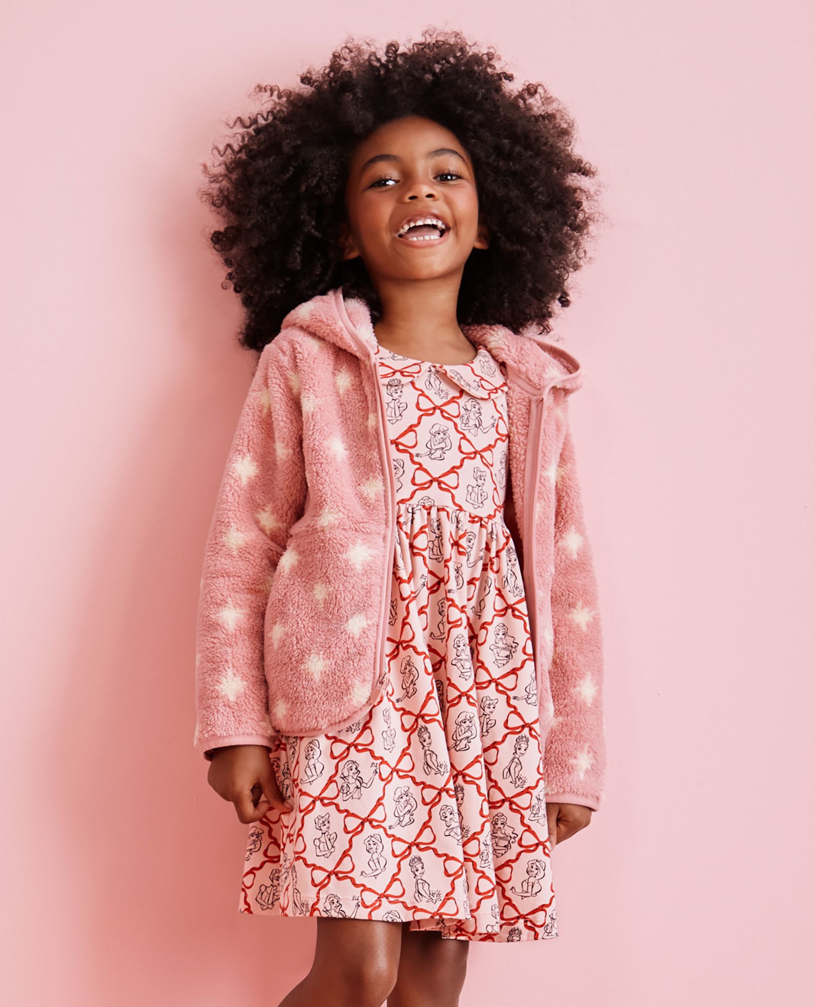 Disney Princess Holiday Long Sleeve Collared Skater Dress with Pockets in Princess Bows - Pink - main